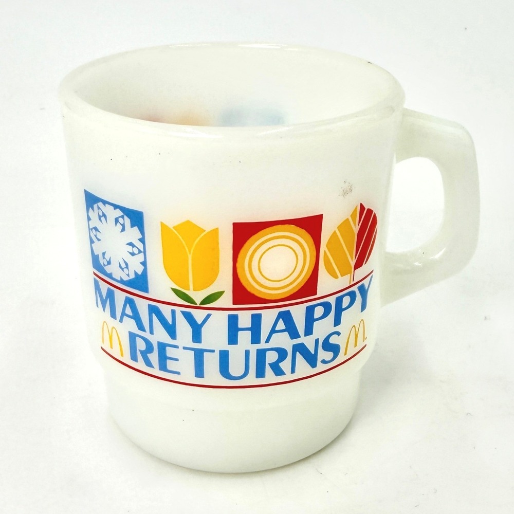 Vintage 1982 McDonalds Many Happy Returns Milk Glass Stackable Coffee Mug 3.5in